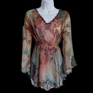 Sienna Rose Sheer Y2k Bell Sleeves Forrest Fairy Whimsical Boho Flowy Top Floral
